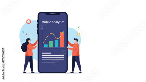 Two people analyzing data on a large smartphone screen displaying mobile analytics charts and graphs for business growth.