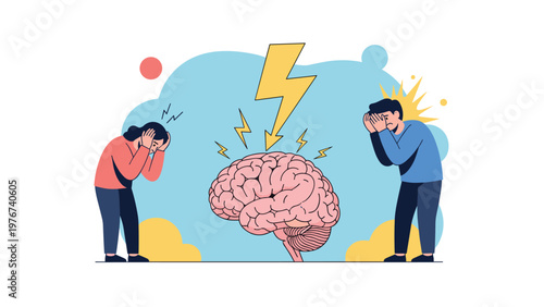 Man and woman experiencing stress or headache around an illustration of a human brain with a lightning bolt symbol.