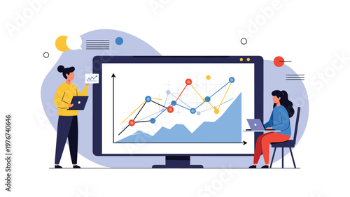 Two business people analyzing complex data charts and graphs on a large computer monitor for strategic decision making.