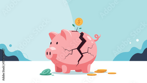 Pink piggy bank with a large crack through the middle and scattered coins representing financial loss or broken savings.