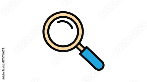 Magnifying glass icon with a tan frame and blue handle used for search, investigation, discovery, or analysis purposes.