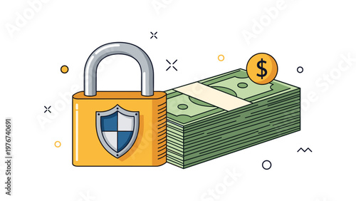 Large yellow padlock with a security shield placed next to a thick stack of paper currency representing financial safety.
