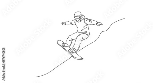 A single-line drawing depicts a snowboarder carving down a slope with arms outstretched