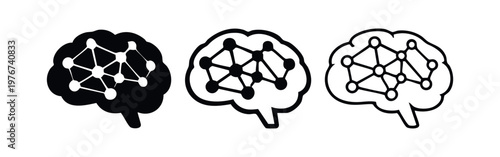 Brain network icons set, symbolizing artificial intelligence, deep learning, and cognitive processes.