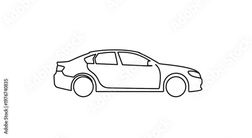 Simple line drawing of a sedan car, with a minimalist aesthetic and isolated on white