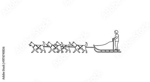 A line-drawing depicts a person on a sled pulled by a team of dogs on a white background