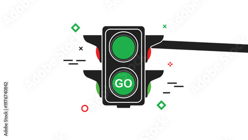 Modern traffic light signal showing a green light with the word go to represent transportation safety and moving forward in traffic.