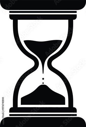 Black hourglass icon symbolizing time passing with sand timer, black and white