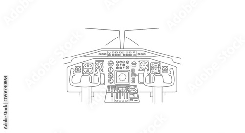 Line drawing of a cockpit's instrument panel and yoke, centered in a white background