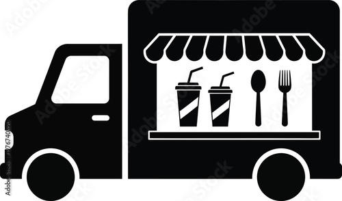 Simple black silhouette of a food truck with drinks and cutlery, street food