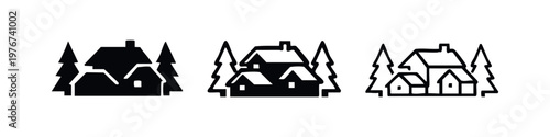 Cozy village in forest icons. Houses nestled among pine trees for landscape and nature designs.
