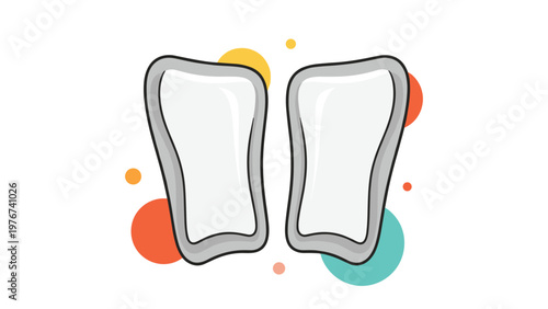 Pair of white athletic shin guards with colorful circle backgrounds used for protection in sports like soccer or field hockey.