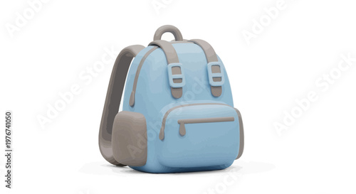 A 3D cartoon-style backpack, light blue with gray accents, on a white background, cast shadow