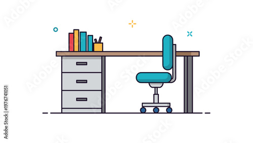 Minimalist office workspace illustration featuring a desk, a teal swivel chair, a stack of books, and a pen holder on the side.