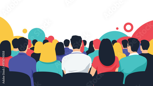 Back view of a large audience group of people sitting together and facing forward during a presentation, conference, or event.