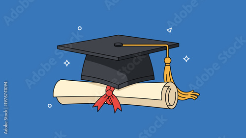 Black graduation cap with a yellow tassel placed on top of a rolled diploma certificate tied with a red ribbon on blue background.