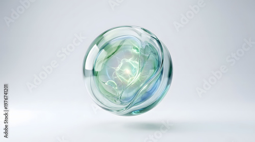 Minimal transparent glass orb with subtle green energy core, futuristic eco concept isolated on clean soft background illustration