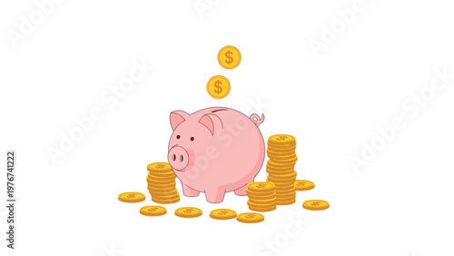 Pink piggy bank standing in the middle of several tall stacks of gold dollar coins to represent substantial savings and wealth.