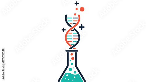 Laboratory glass flask with a teal liquid and a double helix dna strand rising from it to represent biotechnology and genetics.