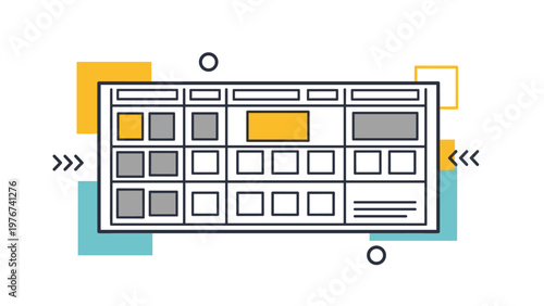 Project management dashboard illustration with various colored blocks and shapes representing organized tasks and kanban boards.