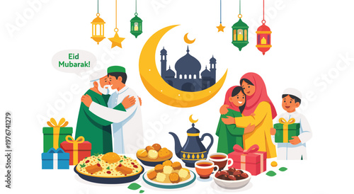 Eid Mubarak celebration with families hugging, mosque, crescent moon, lanterns, gifts, and traditional food spread. Islamic festival.