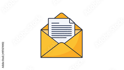 Open yellow mail envelope with a white document inside showing text lines representing an incoming letter or official notification.