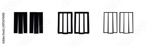 Structured open vertical panels icon set with solid, bold outline, and thin outline variations for interior design.