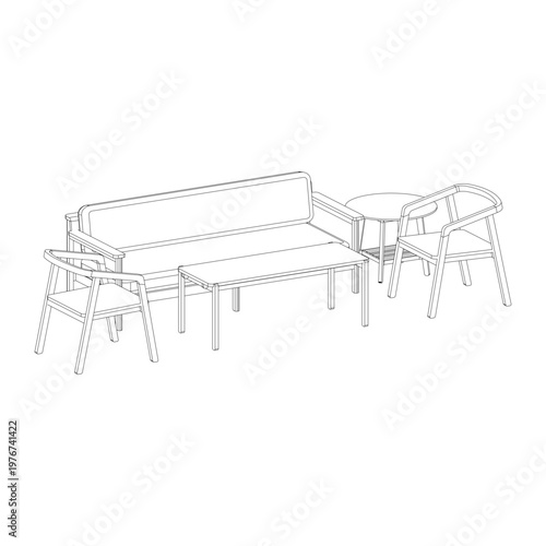 Perspective view of a living room set with two lazy chairs, three seater sofa, round side table, and coffee table. Clean line art with depth for interior visualization.