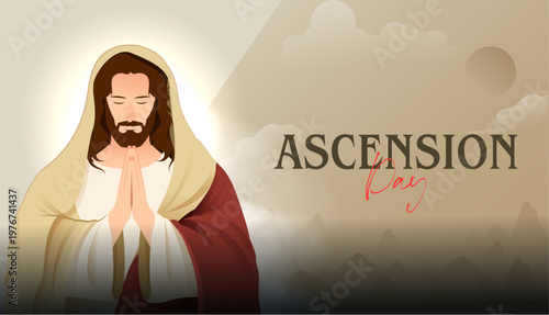 Ascension Day Poster Design with Jesus Ascending over Bright Light and Mountain Landscape