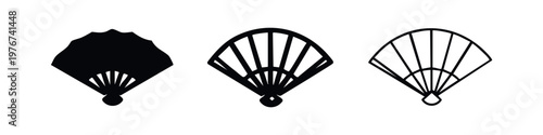 Traditional hand fan vector icon set. Folding fan symbols for culture, events, and summer cooling in various styles.