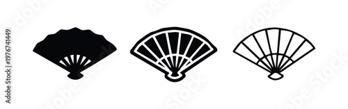 Hand fan vector icon set. Traditional oriental folding fan symbol in various styles, isolated on white background.