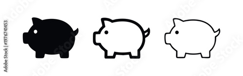 Piggy bank vector icon set for saving money and finance. Different styles of pig moneybox silhouette and outline symbols.