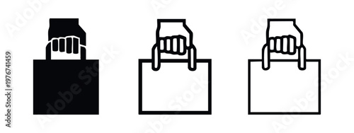 Cartoon style hand holding shopping bag icon set in solid, bold outline, and thin outline variations.