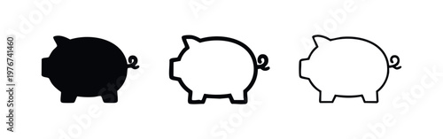 Piggy bank vector icon set with curly tail, representing savings and financial security. Moneybox in different styles.