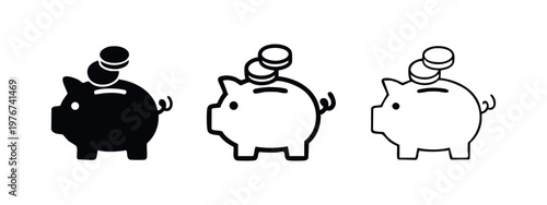 Piggy bank with coins vector icon set. Symbol of saving money, investment, and financial growth in various styles.