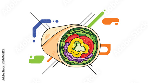 Colorful illustration of a fresh vegetable wrap or burrito with lettuce, tomato, and peppers on a white background.
