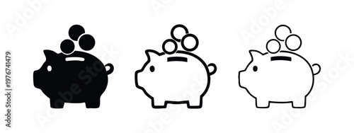 Piggy bank with coins vector icon set for savings and investment. Financial security symbol in different styles.