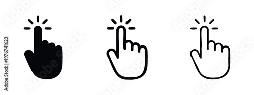 Hand cursor click icon set. Pointing finger symbol for user interaction on white background.