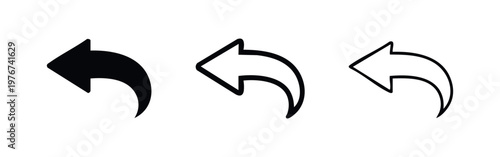 Back or undo arrow icon set. Curved left arrow symbol in varied styles on white background.