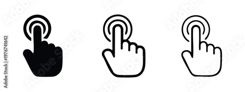 Tap or touch hand cursor icon set. Pointing finger with interaction circles on white background.
