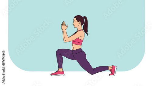 Dedicated woman practicing a yoga low lunge pose for improved flexibility and strength against a soft blue background.
