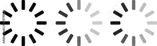 Three loading indicator icons on white background with buffering icon, progress bar