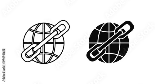 Global network link icons, world globe with metal chain symbols, internet connectivity and website backlink vector set, black and white digital security signs