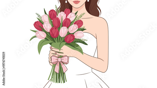 Close-up of a bride in a white wedding dress holding a beautiful floral bouquet of fresh pink and red tulips.