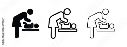 Mother Changing Baby Diaper Icon Set