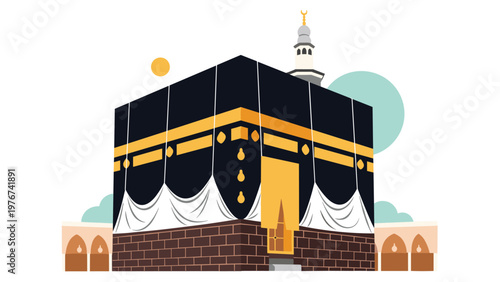 Stylized illustration of the Kaaba in Mecca, the holiest site in Islam, under a bright sun and clear blue sky.
