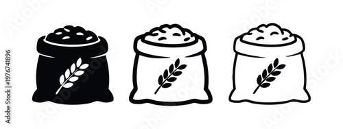 Sack of Grain Icon Set with Wheat Ear. Agriculture and food production symbols in various styles.