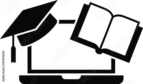 Online education icon with graduation cap and open book on laptop screen