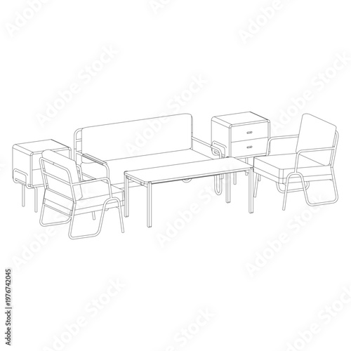 Perspective view of a living room set with two lazy chairs, three seater sofa, round side table, and coffee table. Clean line art with depth for interior visualization.