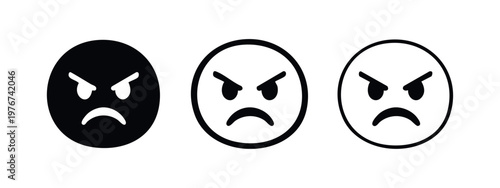 Angry face emoji icon set. Furious expression symbol in different styles.